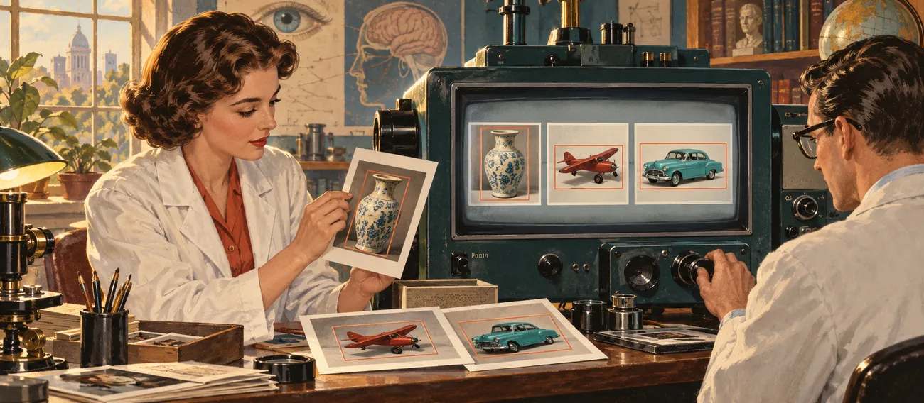 Two researchers comparing bounding boxes around a vase, a plane and a car in an illustrated workshop