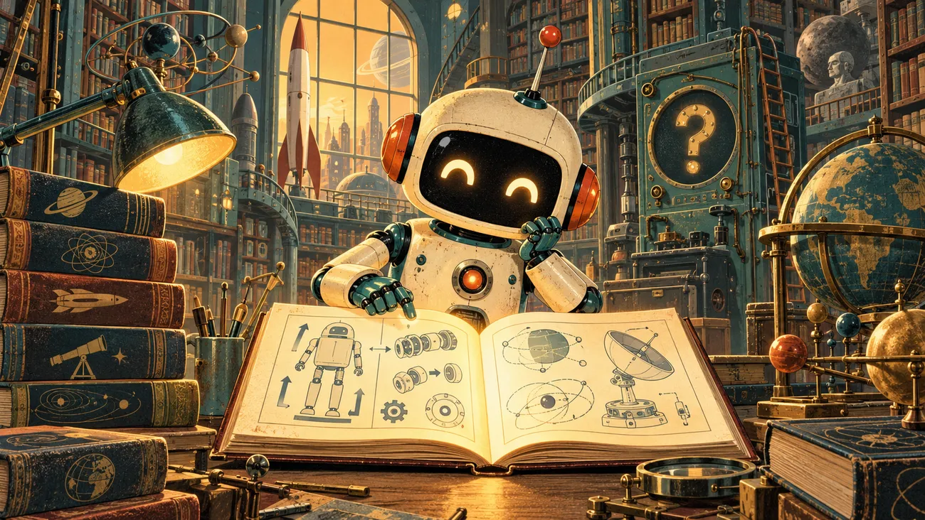 BadBob robot working among books and visual references