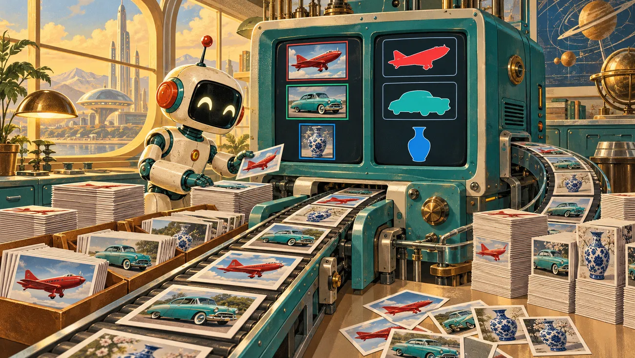 BadBob robot organizing photographs in a creative workshop